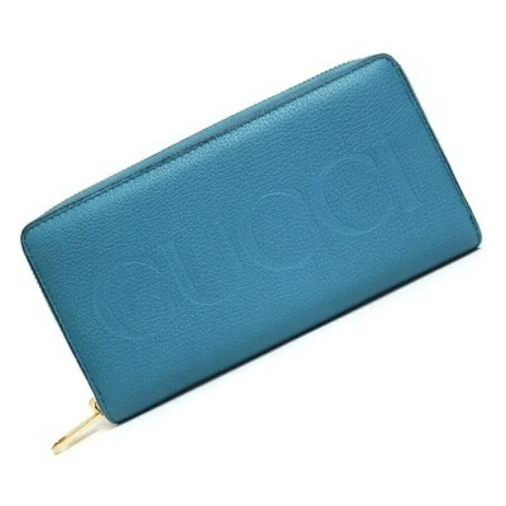 Gucci Blue Leather Zip-Around Wallet  Embossed Logo Authentic